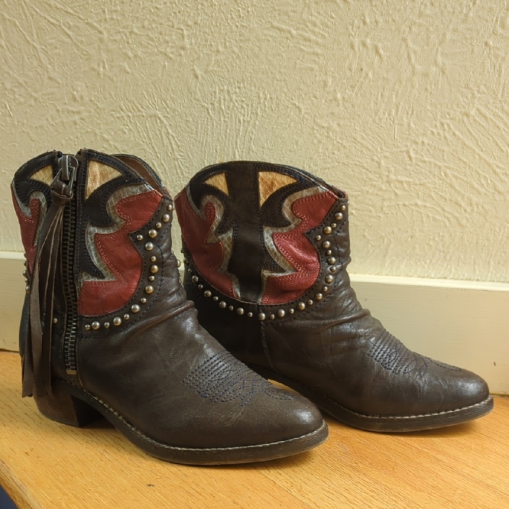Sam Edelman Shane Brown and Red Leather Western Ankle Boots